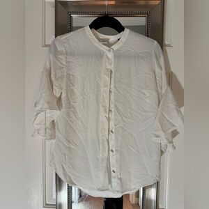 Cabi XS White Bell/Ruffle Sleeve Sheer White Button-Up Blouse